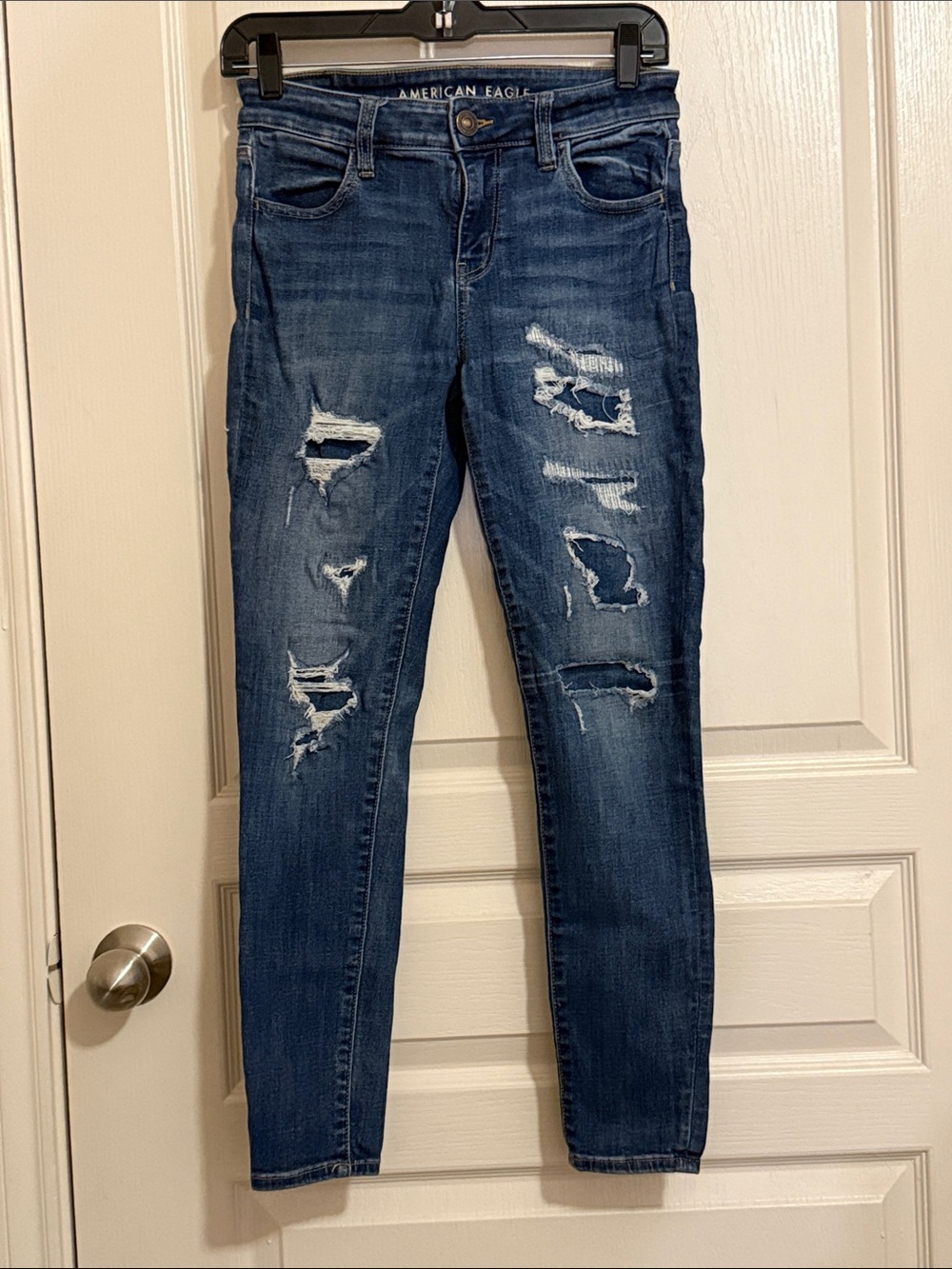 American Eagle Outfitters Distressed Dark Blue Skinny Jeggings Sz 4 Short